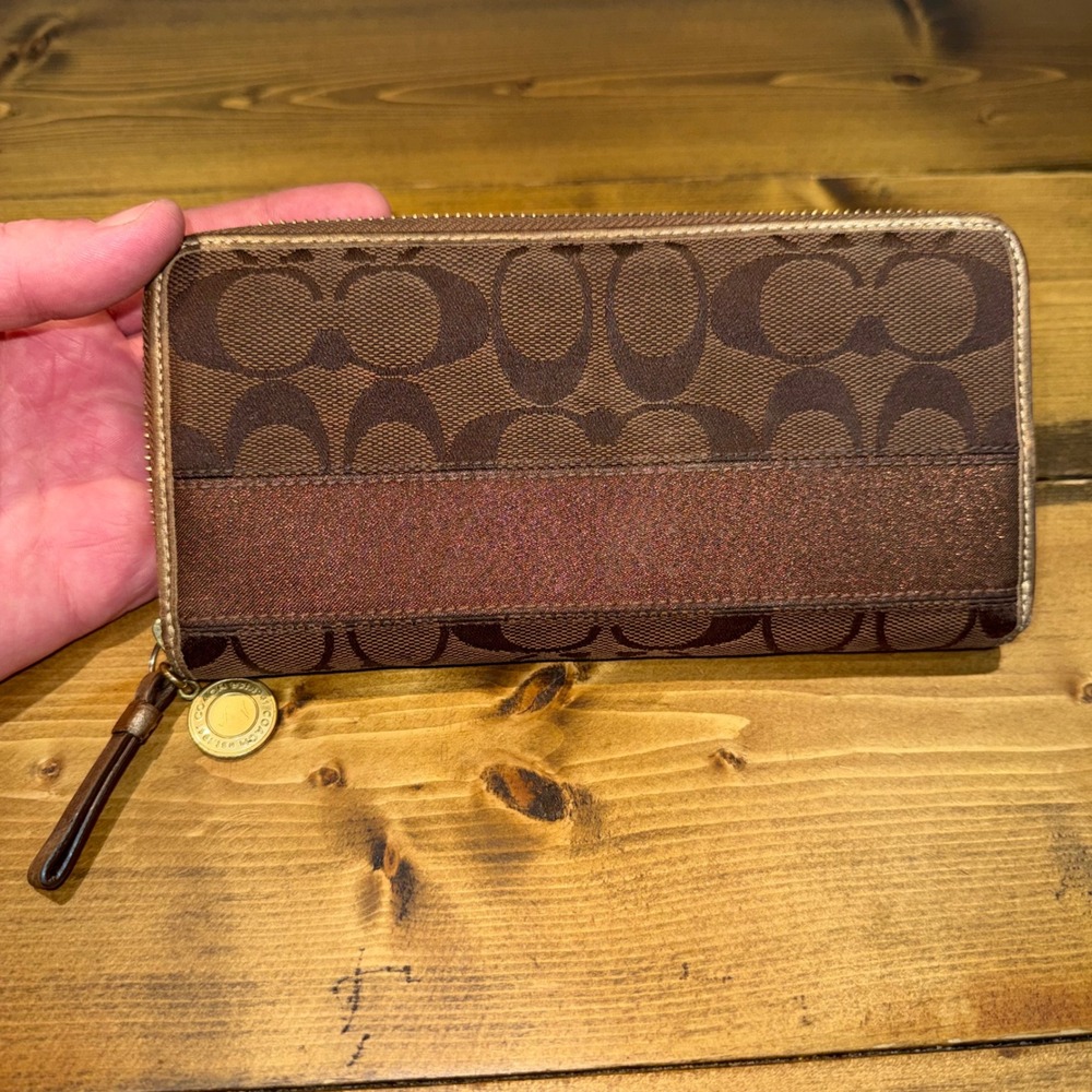 Coach Legacy Signature Stripe Zip Around Wallet Brown Bronze Canvas Leather